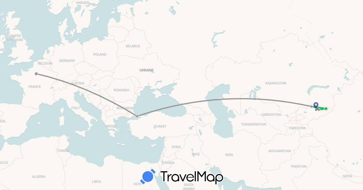 TravelMap itinerary: driving, bus, plane, hiking in France, Kyrgyzstan, Turkey (Asia, Europe)